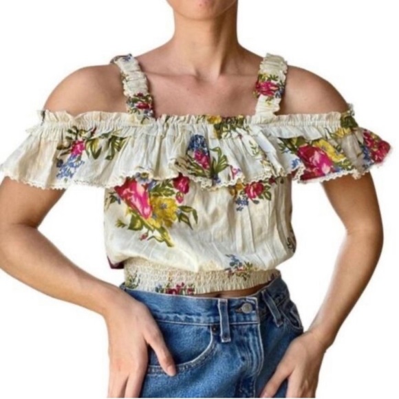 House Of Harlow 1960 Helena Ivory Floral Ruffle Crop Top Size Medium - Picture 4 of 13